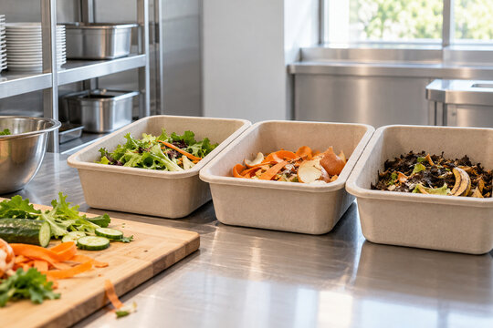 Compostable food waste sorting containers in a cafeteria kitchen
