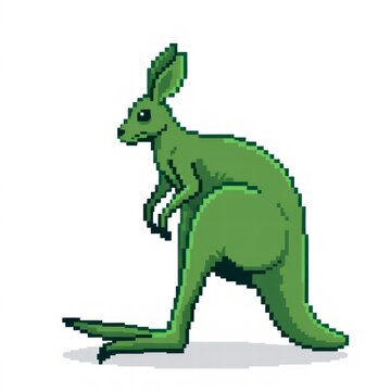 Pixel art green kangaroo on white background