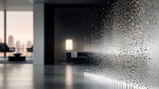 Modern minimal architectural 3D interior with glass window wall disintegrating into pixelated glass particles created with high detail rendering, subtle reflections, dynamic composition