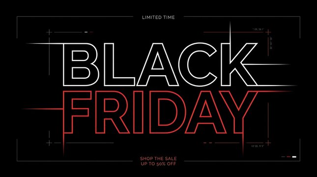 Black Friday sale banner with futuristic tech design and glowing red and white typographic elements on a black background