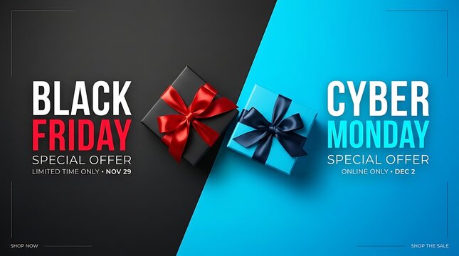 Black Friday and Cyber Monday special offer sale banner with gift boxes on contrasting black and blue background
