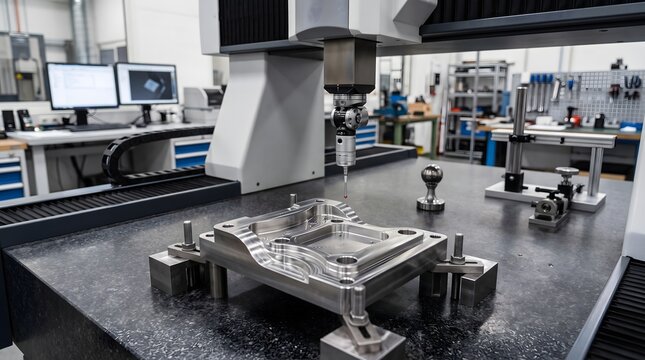 Precision Coordinate Measuring Machine inspecting metal mechanical component inside advanced manufacturing facility.