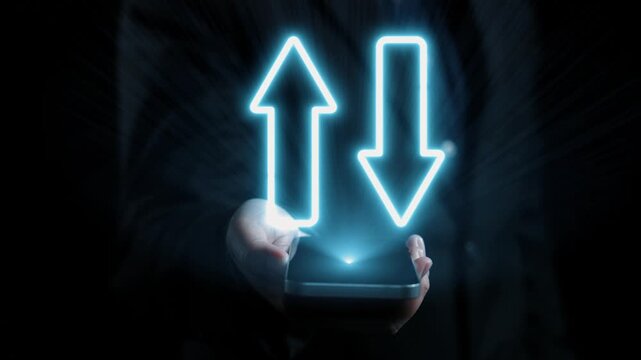 This image illustrates the relationship between quality and cost through a smartphone display, featuring glowing arrows that emphasize key performance metrics in business. Qubit