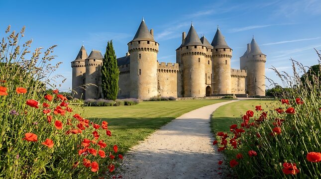 Medieval stone castle with majestic towers and turrets, historic fortress landscape with red poppy flowers and garden path, ancient chateau architecture under a clear blue sky