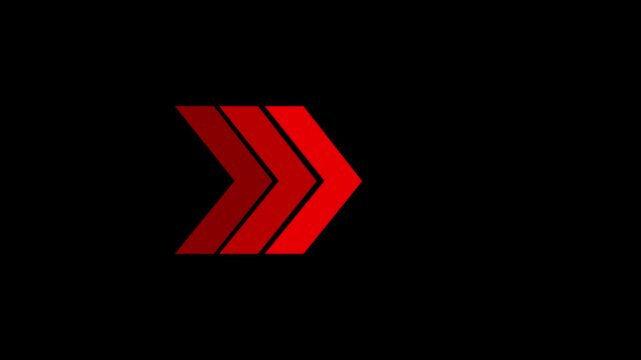 Glowing red 3 D chevron arrow pointing right on black background movement. Arrow icon animation shows direction and motion. Looping arrows represent loading and