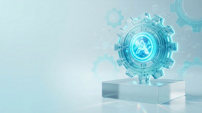 3D digital illustration of a transparent blue mechanical gear featuring a glowing artificial intelligence icon, resting on a silver podium against a background of blurred gears.
