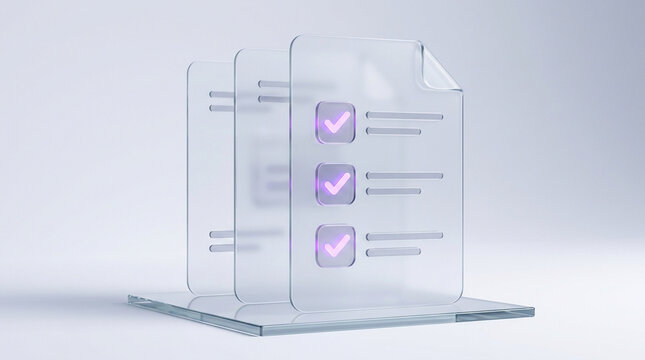 3D rendering of three transparent glass document sheets with glowing purple checkmarks and horizontal lines, standing on a glass base against a minimalist white background.