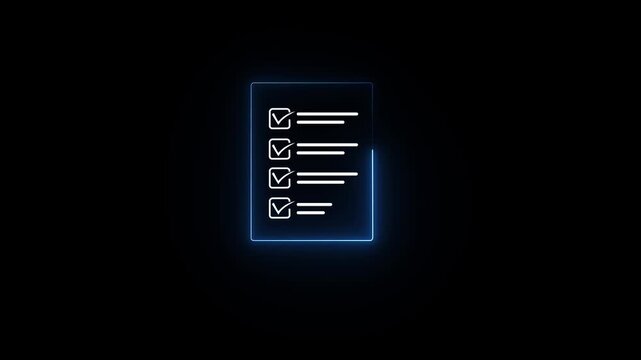 Glowing neon check list animated outline icon. Checklist line icon animation. document marking,blue icon. 4 k motion video.