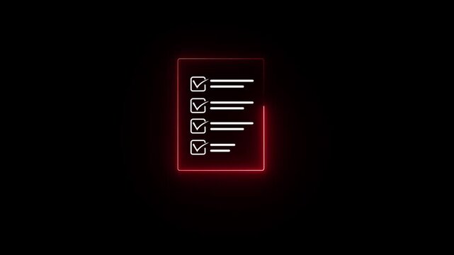 Glowing neon check list animated outline icon. Checklist line icon animation. document marking,red icon. 4 k motion video.