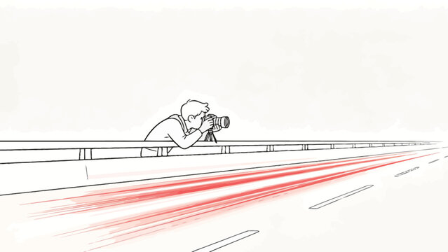 Line Art Photographer Leaning Over Highway Railing Capturing Speeding Traffic with Long Exposure