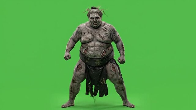 Halloween zombie sumo wrestler performing martial arts on green screen