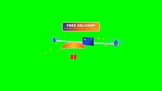 Futuristic 3D VTOL logistics cargo transport plane featuring spinning tilt-rotor propulsion, opening rear cargo ramp, a floating air-dropped delivery parcel with illuminated parachute, and glowing Fre