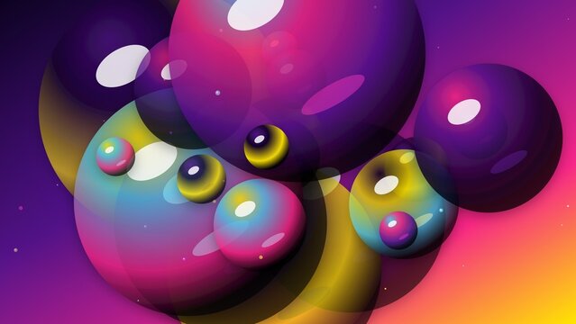 Abstract colorful vibrant 3D glossy orbs background with magenta purple yellow floating spheres vector illustration