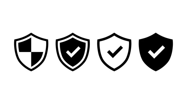 Shield icons set security protection symbols with check marks and geometric patterns in black and white