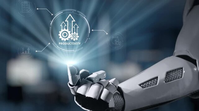 A robotic hand interacts with technology graphics that symbolize productivity in a modern office space, showcasing future innovation and efficiency in design. Salient