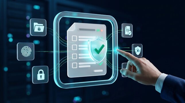 Data security professional touching digital shield icon on virtual document dashboard representing document protection and information verification for secure enterprise cloud storage systems