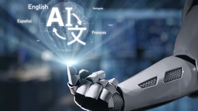 A robotic hand highlights AI language icons, representing the convergence of technology and multilingual communication in a modern digital setting, showcasing innovation in interaction. Salient