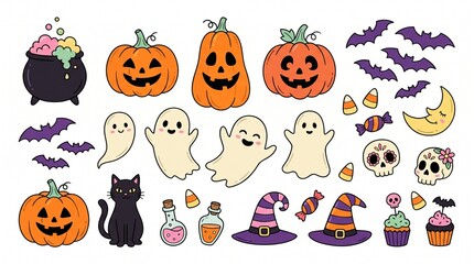 Fototapeta premium Spooky halloween candy collection with pumpkins ghosts and icons