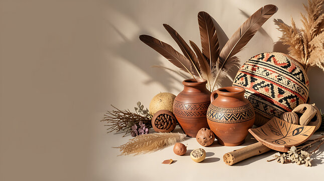 Natural ethnic pottery and feather decoration for cultural