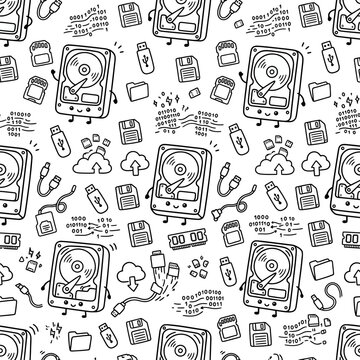 Cute Hard Drive Characters Seamless Pattern, Digital Data Storage Doodle Art