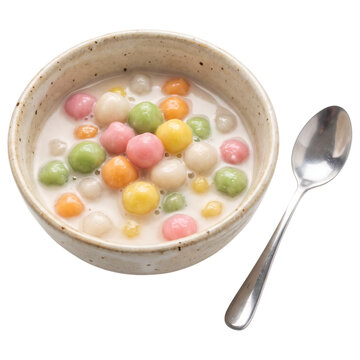 Thai bua loy colorful rice flour balls in coconut milk bowl with spoon isolated on transparent background