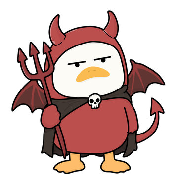 Cute funny duck mascot in red devil costume holding pitchfork for Halloween vector illustration