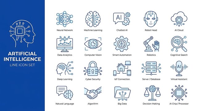 Artificial intelligence line icon set with machine learning neural network and robotics symbols for technology design