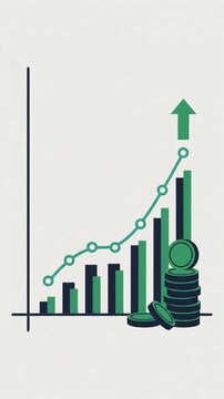 Investment growth chart with rising bar graph and coins animation. Vertical video
