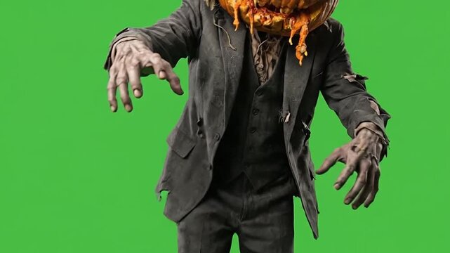 Halloween zombie with pumpkin head walking on green screen