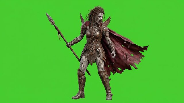 Halloween zombie female warrior holding spear on green screen