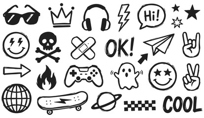 Black doodle sticker set with sunglasses crown headphones lightning bolt smiley faces skull crossbones plaster gamepad ghost saturn globe skateboard flame peace hand cool text for streetwear designs © Imran