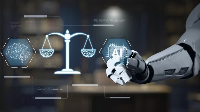 Innovative representation of a robotic arm holding scales of justice, symbolizing the intersection of AI and law in a digital environment, highlighting modern ethical challenges. Salient
