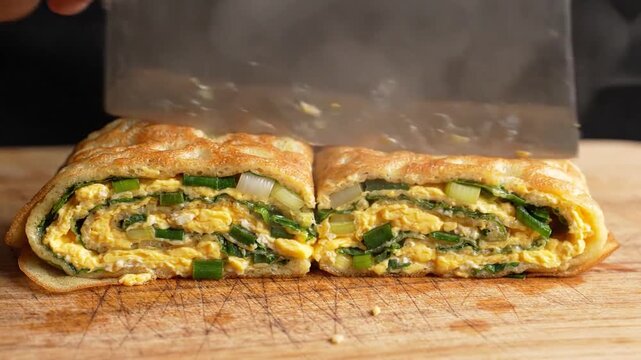 Cleaver Slicing Rolled Egg Dan Bing Crepe Filled with Scallions