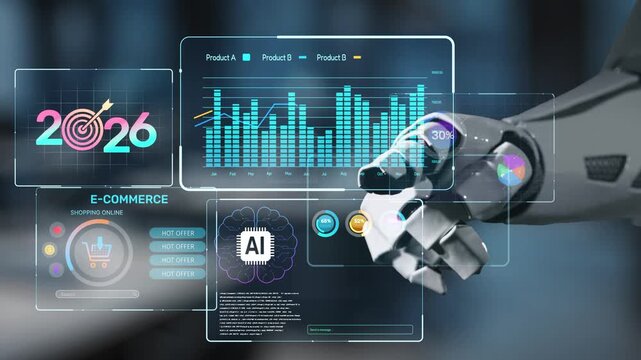 Engage with a futuristic tech interface showcasing data analysis, e-commerce insights, and AI integration, reflecting innovative trends for the year 2026 in digital marketing. Salient