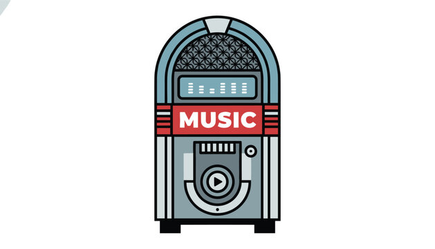 Retro style vintage colorful jukebox with digital equalizer screen and the word music printed on a red bar.
