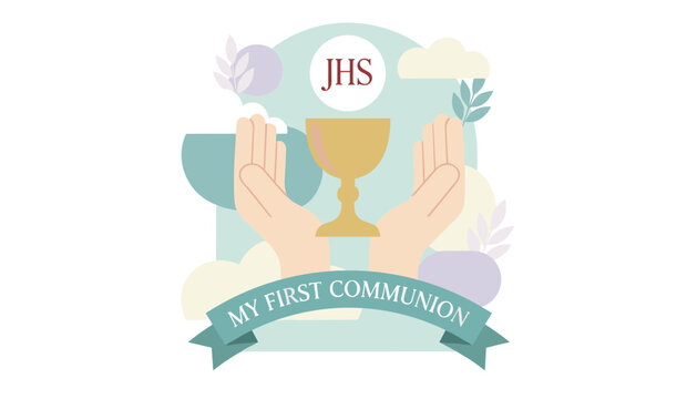 First communion invitation graphic featuring a golden chalice and holy host held by hands on soft pastel colored background.