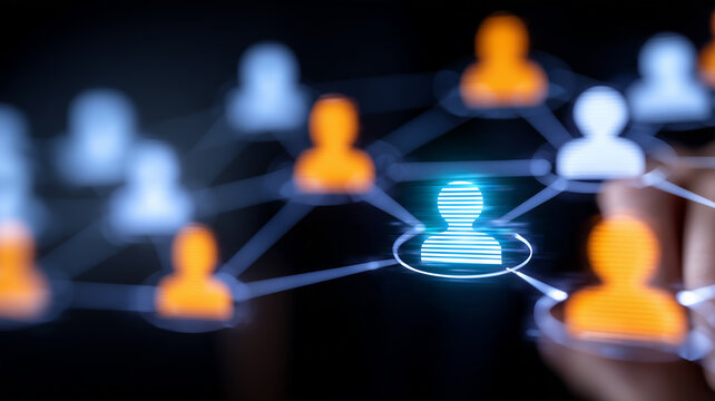 Connected human icons form a social network representing professional communication collaboration and workforce relationships.

