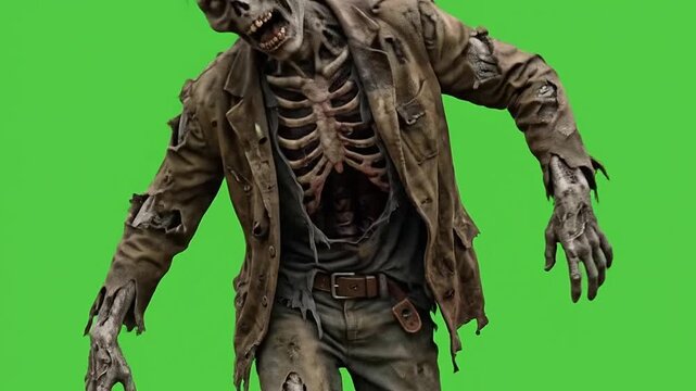 Halloween zombie walking and posing on green screen background
