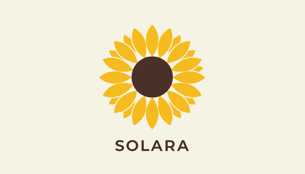 Sunlit solar brand identity logo featuring a stylized sunflower icon with solara typography on cream background.
