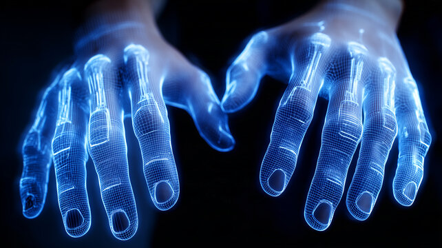 Two digital wireframe hands positioned for typing represent virtual interaction automation and future computing technology.
