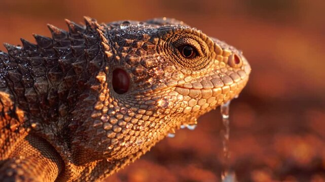 Thorny Devil Lizard Absorbing Dew Drops on its Skin