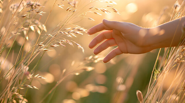 Hand touching wild grass in warm golden sunlight, creating calm moment in sunlit meadow with soft summer light
