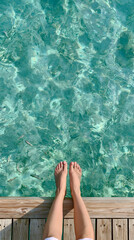Fototapeta premium Bare legs dangling over clear turquoise water beside wooden pier, creating relaxed summer mood in tropical swimming spot