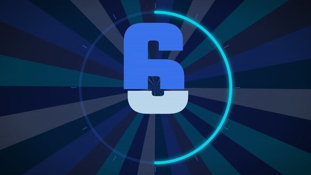 Digital countdown timer animation showing numbers 10, 5, and 0 with a neon blue circle and radial background