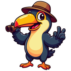 Fototapeta premium Cute cartoon toucan explorer wearing safari hat holding binoculars vector illustration, funny travel bird animal mascot character isolated on white background