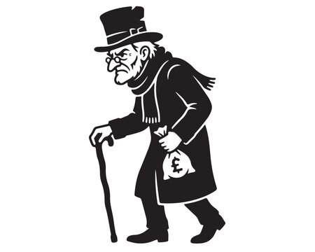 Illustration of a grumpy old miser character wearing a top hat and scarf while holding a walking cane and a money bag with a pound symbol