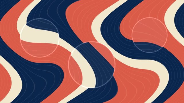 Flowing organic waves and concentric curved shapes in coral, navy blue and ivory. 