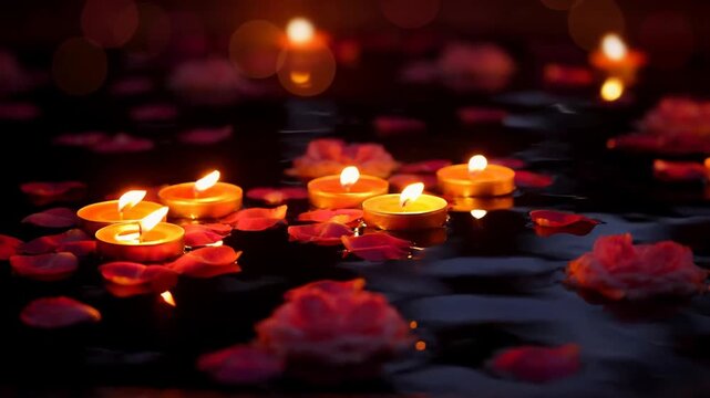 Glowing tea lights among rose petals in a seamless loop
