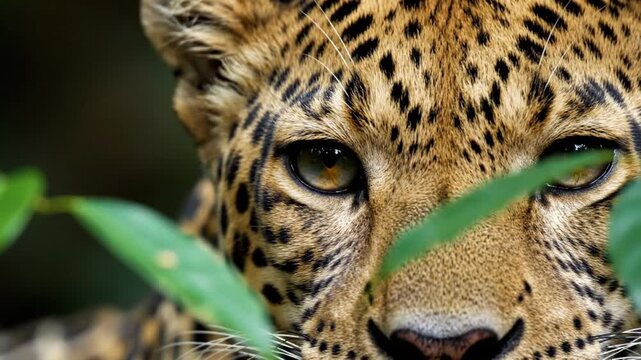 Extreme Close Up Of Leopard Eye Peering Through Blurred Green Leaves With Spotted Fur And Intense Gaze In Jungle