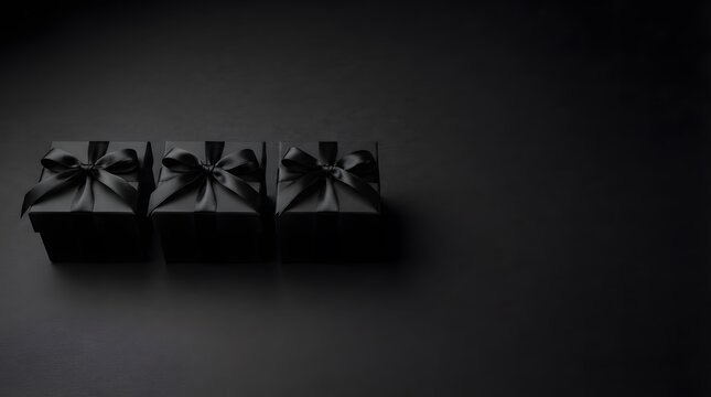 Three identical black gift boxes with black satin ribbons arranged in a row on a dark surface, elegant holiday or luxury product presentation